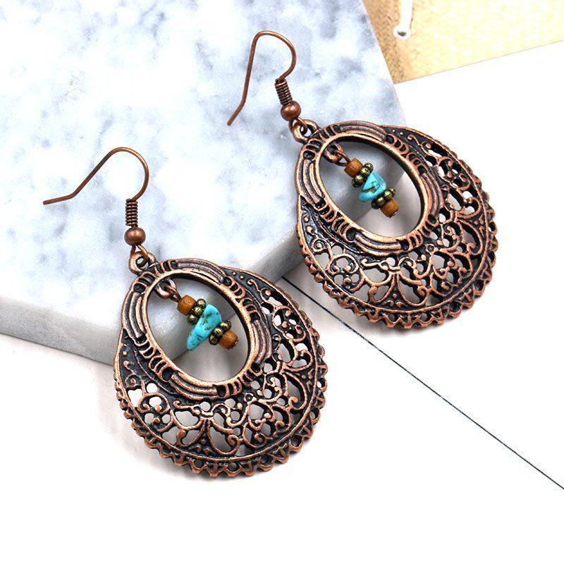 Fashion Vintage Alloy Openwork Round Flowers Turquoise Earrings