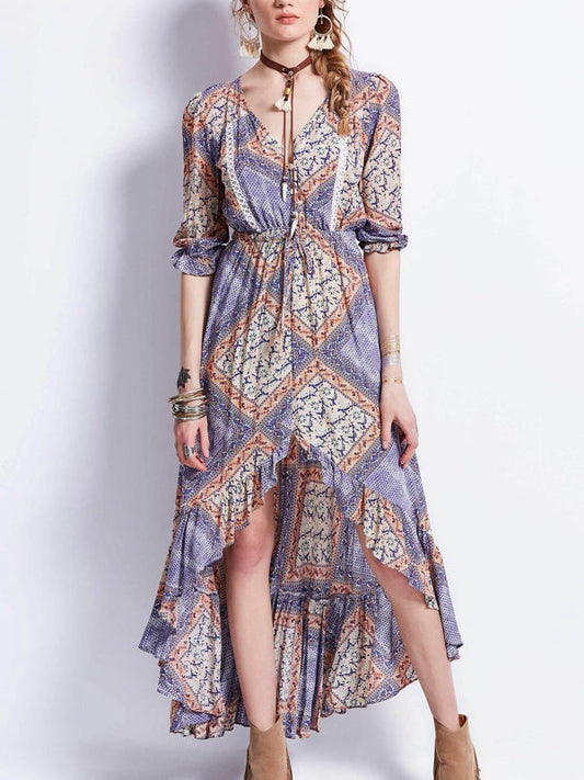 Bohemian Geometric Pattern Waist Irregular Long Dress