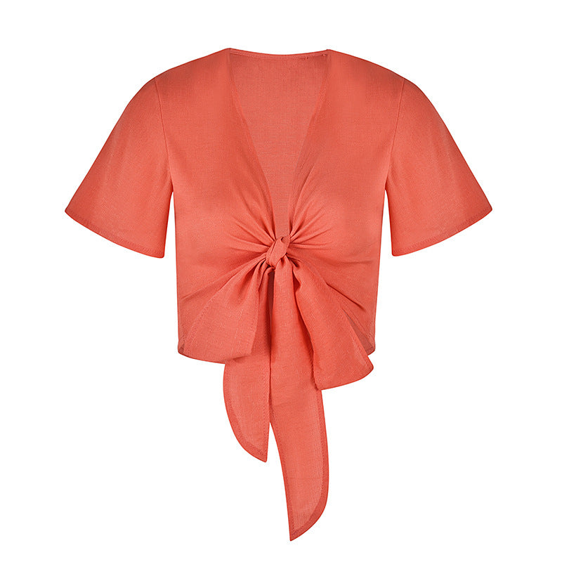 Solid Color Chiffon Breathable Bat Sleeve Bow Top Sun Protection Clothing