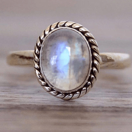 Rong Punk Style Moonstone Ring Vintage Thai Silver Round Engagement Ring