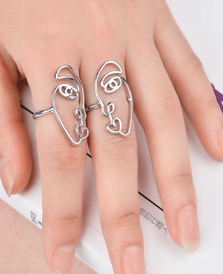 2PCS/Set Hip Hop Unique Abstract Face Ring Set Hollow Minimalist Matching Half Face Rings for Women Anillos Mujer Couple Ring