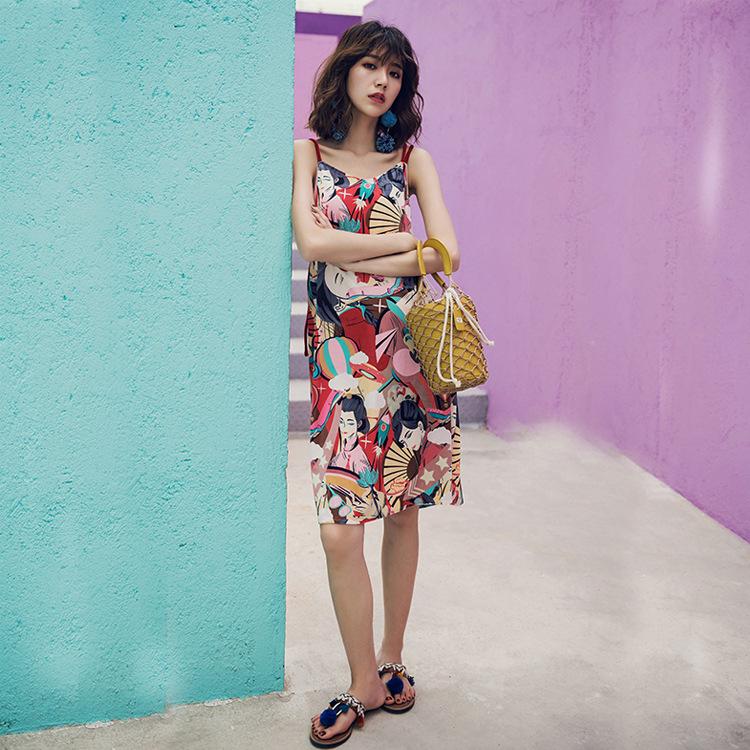 Bohemian Style Beach Holiday Print Sling Dress Mini Dress