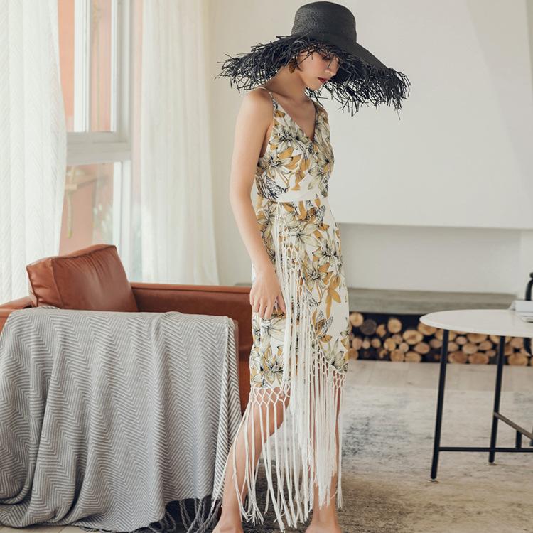 Bohemian Floral Fringe Sling Bag Hip Dress Midi Dress