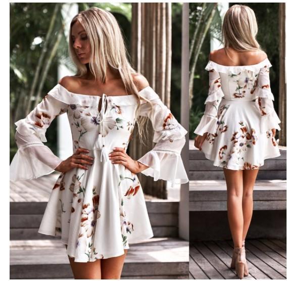 One-shoulder Strapless Trumpet Sleeve Print Mini Dress