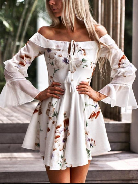 One-shoulder Strapless Trumpet Sleeve Print Mini Dress