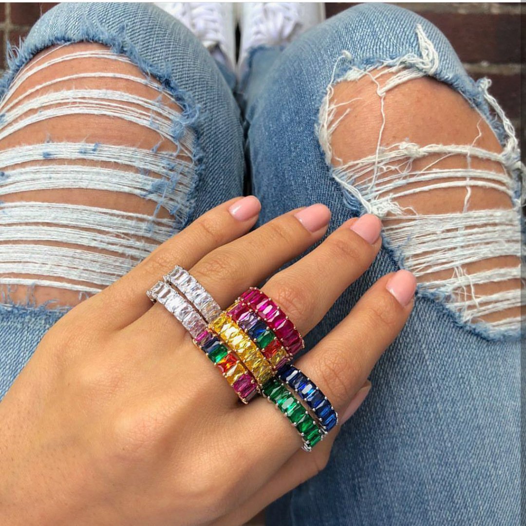 Net red zircon ring Rainbow ring Gradient ring