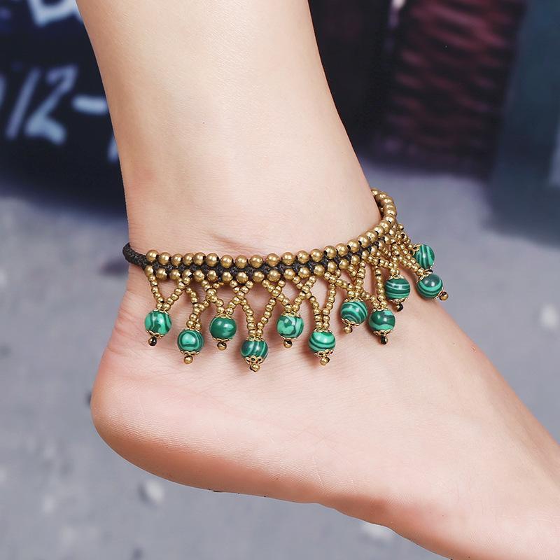 National wind foot decoration beach new multi-layer ball beads turquoise woven anklet female retro original