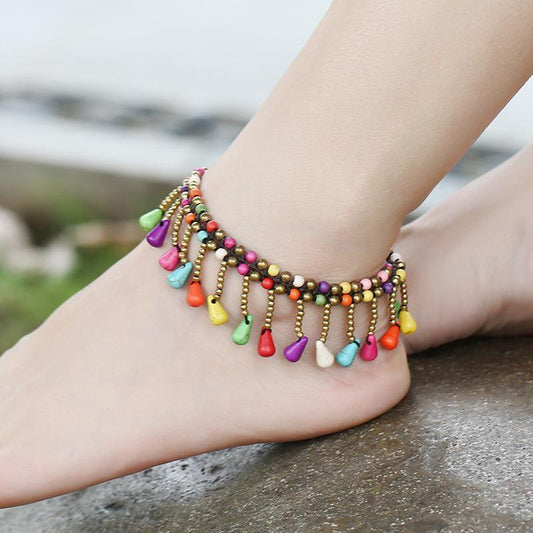 New Turquoise Water Drop Pendant Beach Anklet Thai Wax Line Handmade Woven Bohemian Footwear