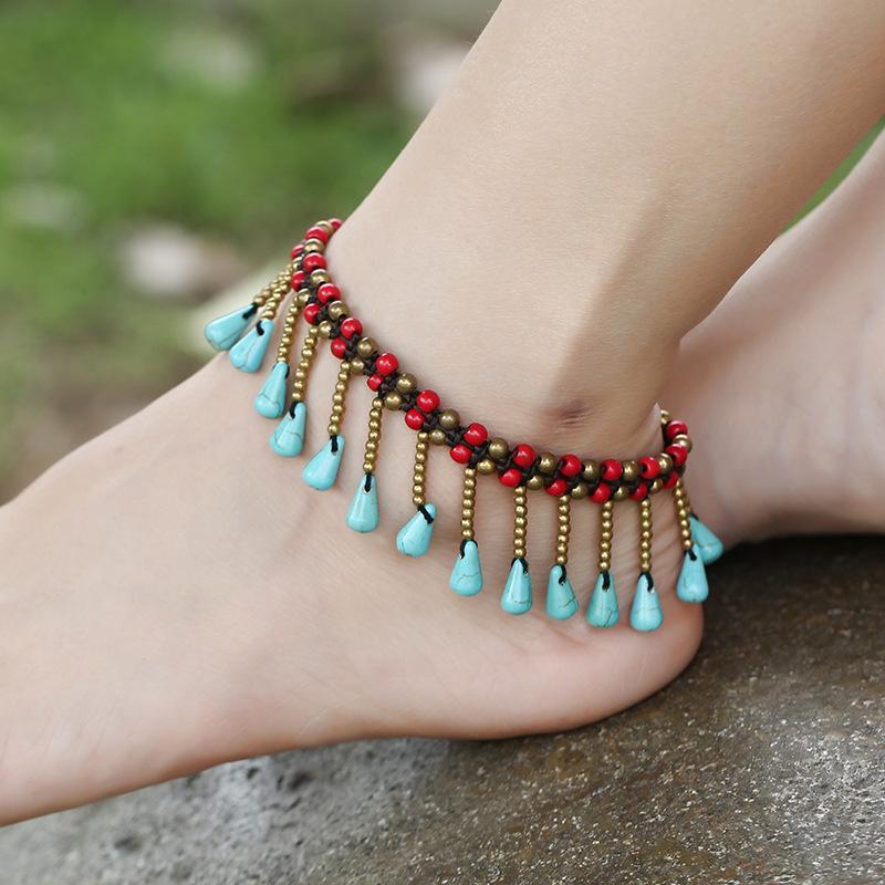 New Turquoise Water Drop Pendant Beach Anklet Thai Wax Line Handmade Woven Bohemian Footwear