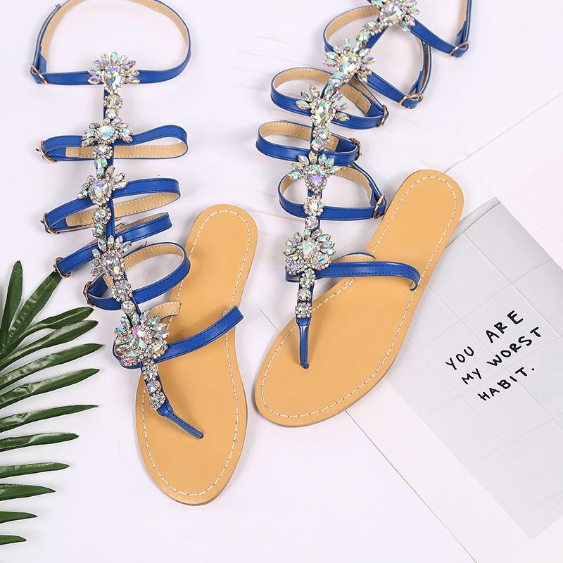 Flat bottom toe sandals rhinestone high to help women's shoes