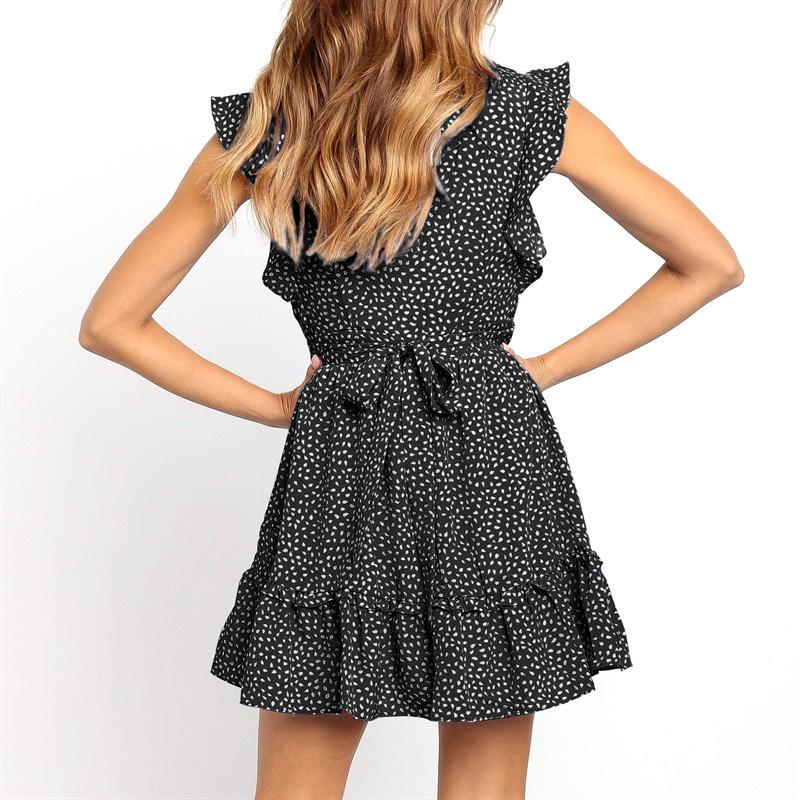 Printed V-neck Solid Color Short Sleeve Waist Mini Dress