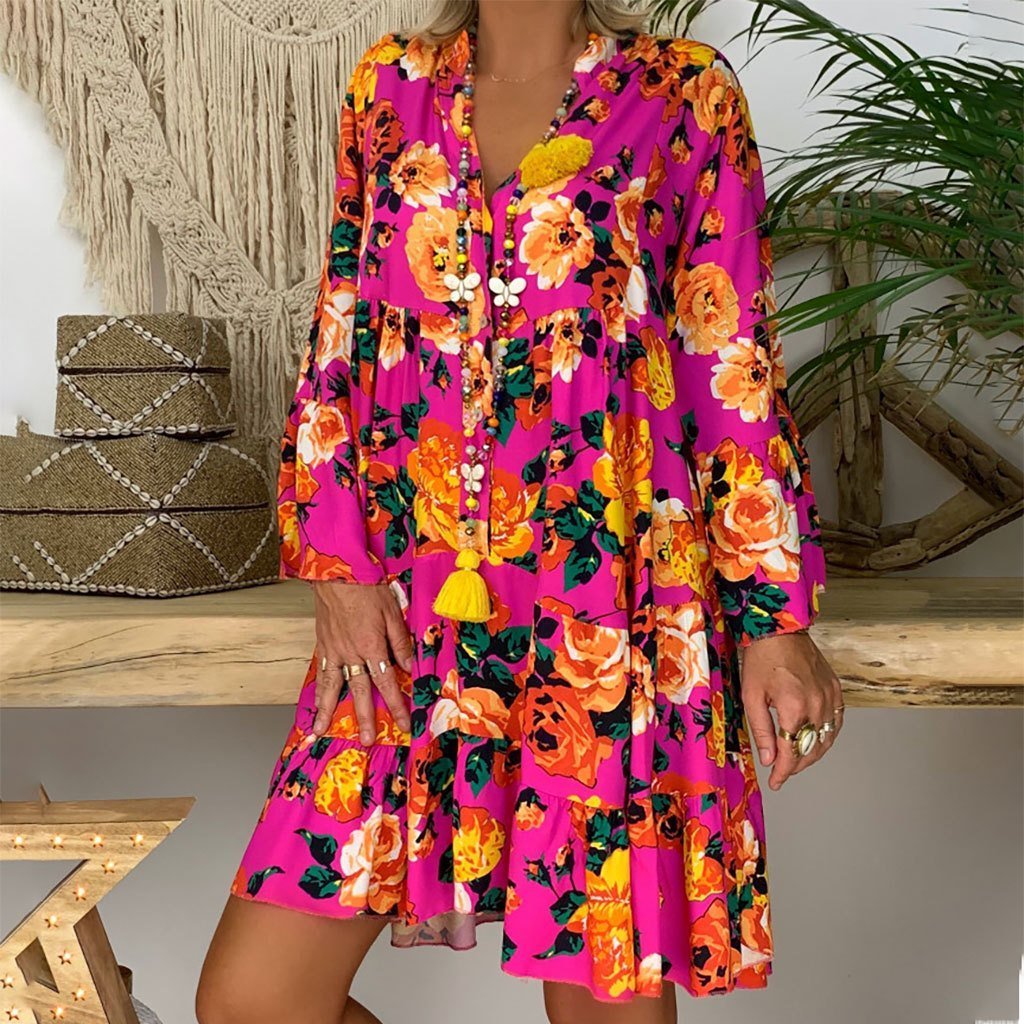 Printed Long Sleeved Midi Dress