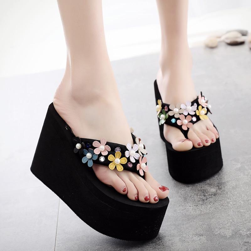 Floral High Heeled Cotton Peep Toe Beach Casual Slippers