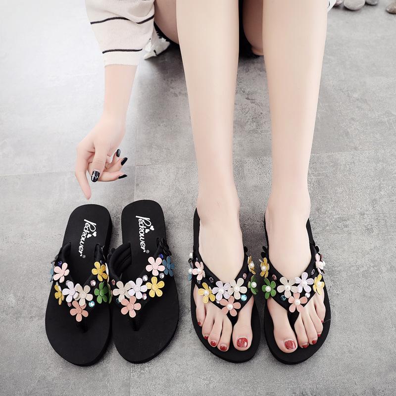 Floral High Heeled Cotton Peep Toe Beach Casual Slippers