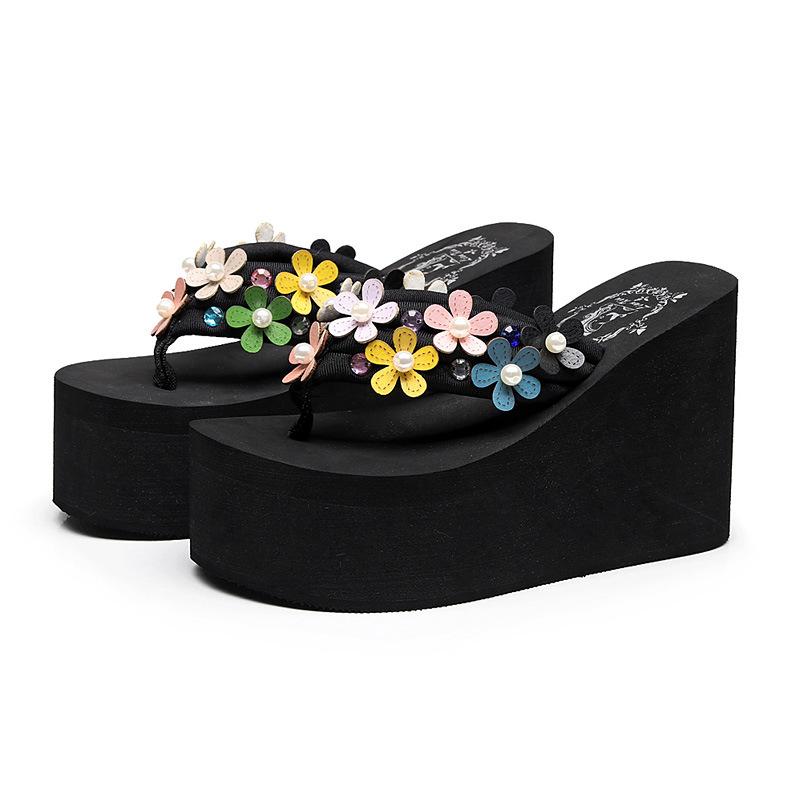 Floral High Heeled Cotton Peep Toe Beach Casual Slippers