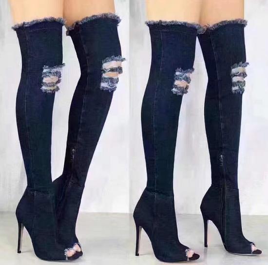 Denim Peep Toe Side Zipper Boots