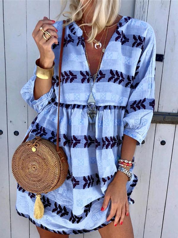 Fashion Print V-neck Cropped Sleeve Dress