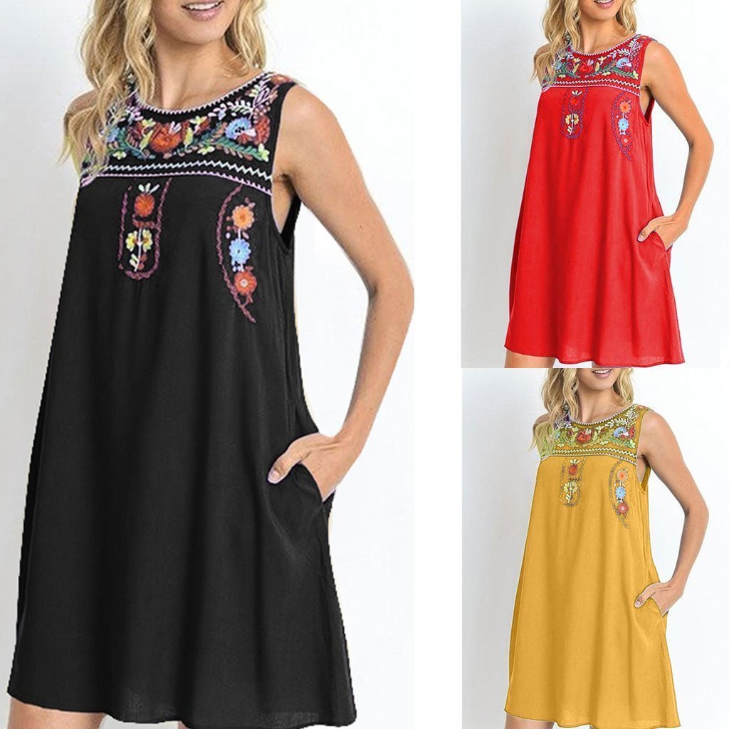 Sleeveless Round Neck Cotton and Linen Embroidered Midi Dress