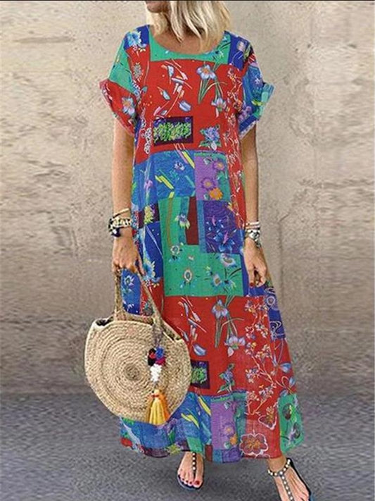 Round Neck Printed Cotton and Linen Short-sleeved Long Dress