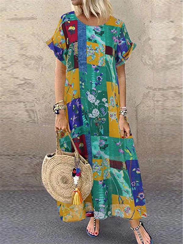 Round Neck Printed Cotton and Linen Short-sleeved Long Dress