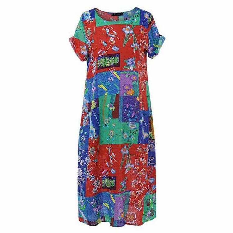 Round Neck Printed Cotton and Linen Short-sleeved Long Dress