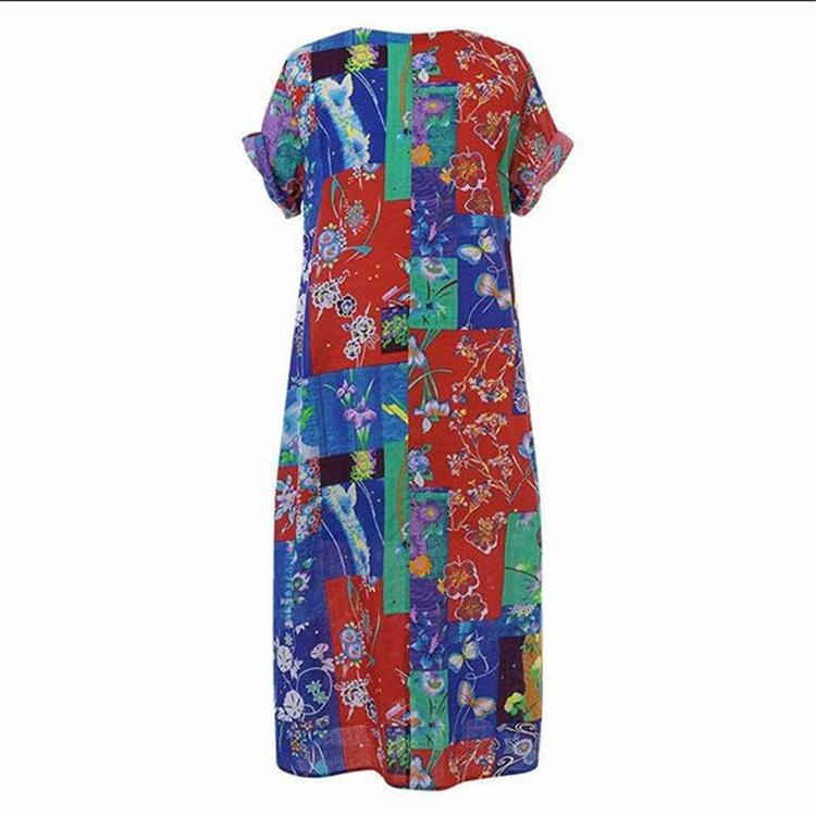 Round Neck Printed Cotton and Linen Short-sleeved Long Dress