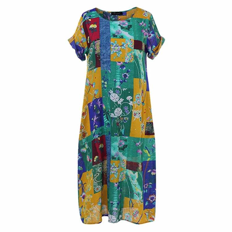 Round Neck Printed Cotton and Linen Short-sleeved Long Dress