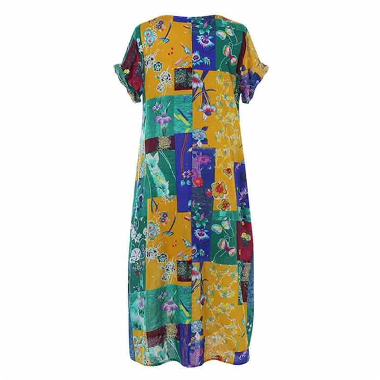 Round Neck Printed Cotton and Linen Short-sleeved Long Dress