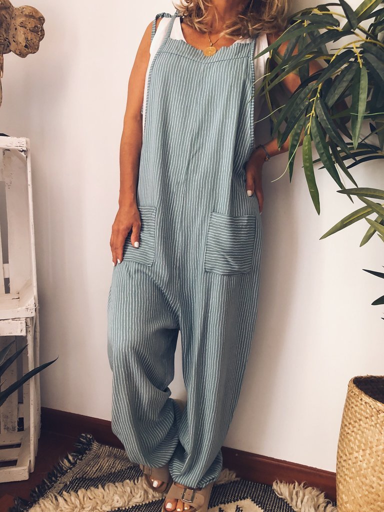 Sexy Open Back Tie Deep V-neck Striped Sling Jumpsuit