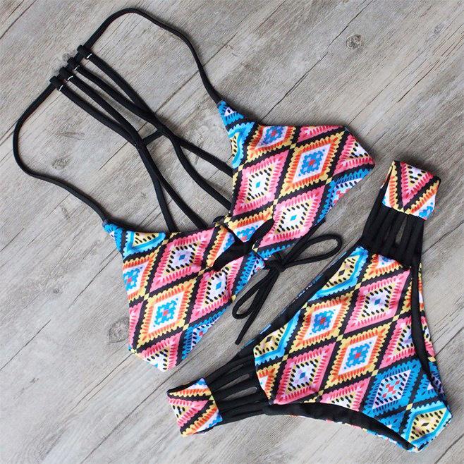 Printed Vintage Low Waist Tether Strap Bikini