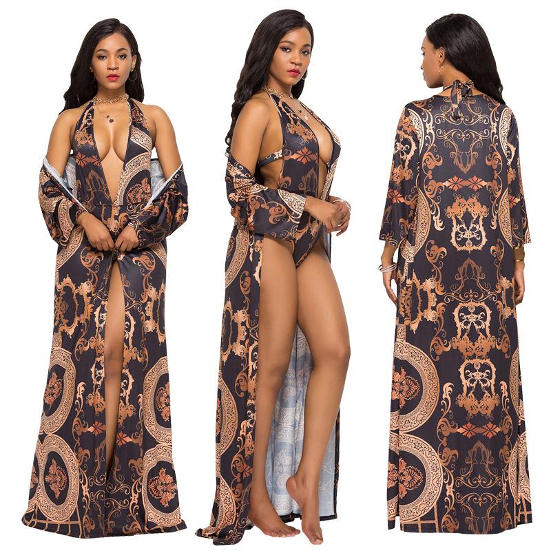 Plus Size Print Halter One Piece Sexy Backless Women Swimwear With Cover Ups Sunscreen