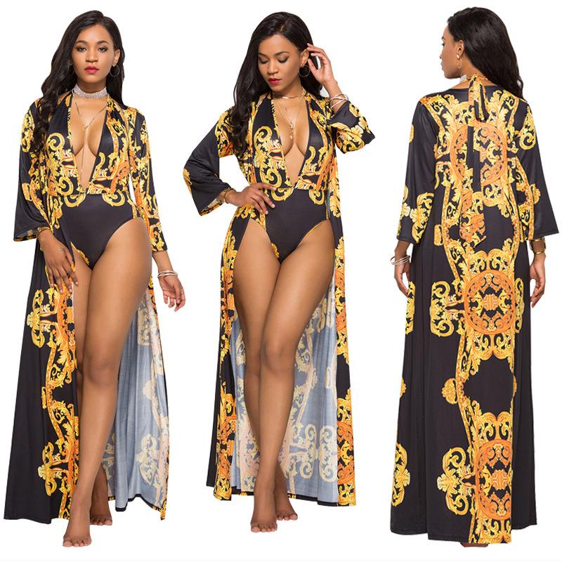 Plus Size Print Halter One Piece Sexy Backless Women Swimwear With Cover Ups Sunscreen