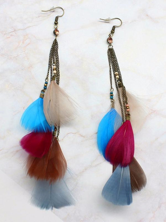 Natural Feather Tassel Retro Earrings