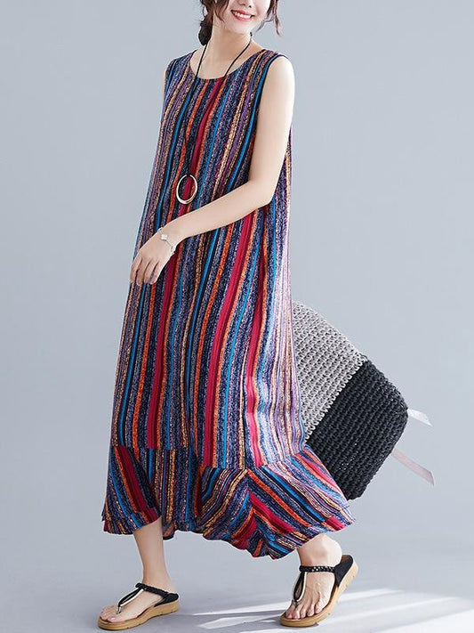 Colorful Striped Sleeveless Vest Long Dress