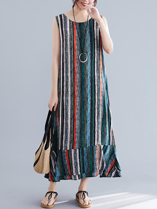 Colorful Striped Sleeveless Vest Long Dress