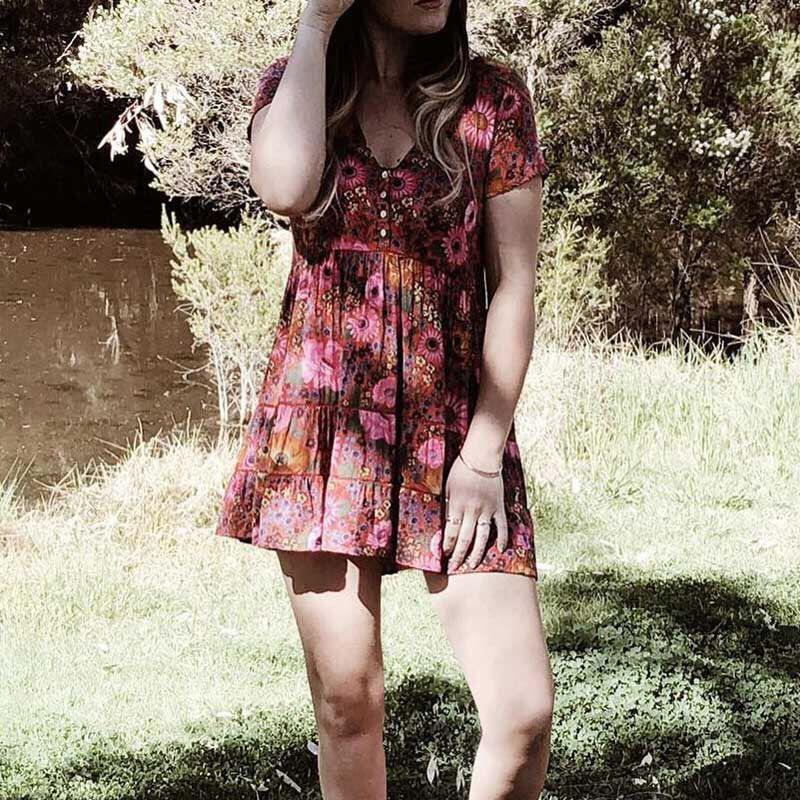 Daisy Print Short Sleeve V-neck Mini Dress