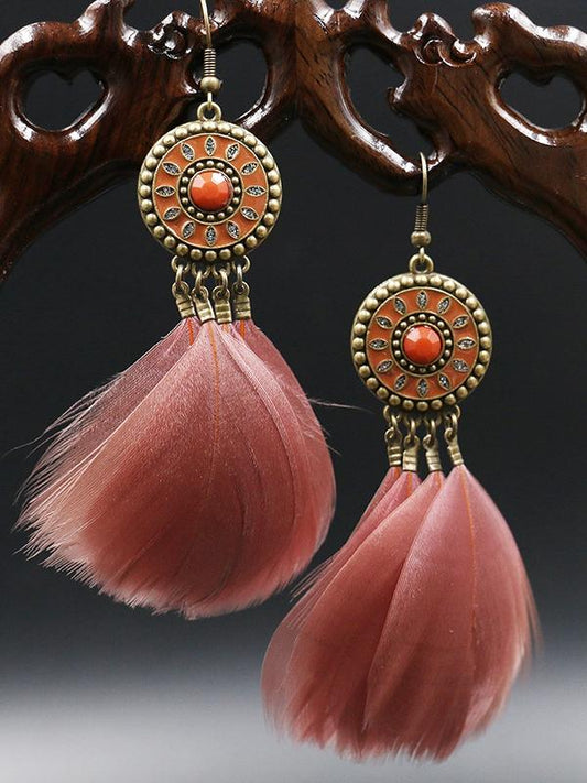 Fashion Round Alloy Feather Tassel Earrings