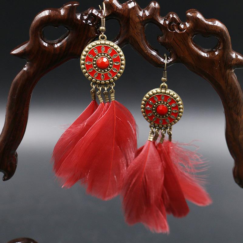 Fashion Round Alloy Feather Tassel Earrings