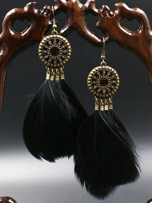 Fashion Round Alloy Feather Tassel Earrings