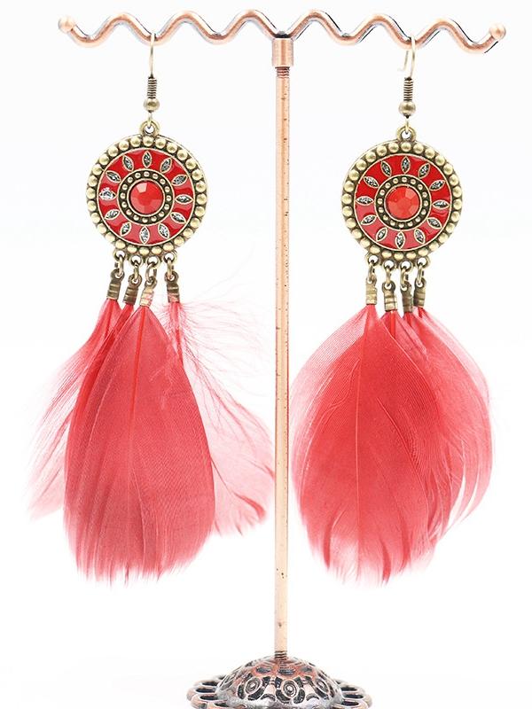 Fashion Round Alloy Feather Tassel Earrings