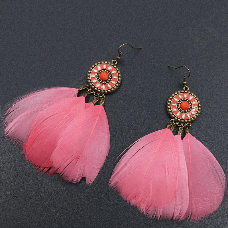 Fashion Round Alloy Feather Tassel Earrings