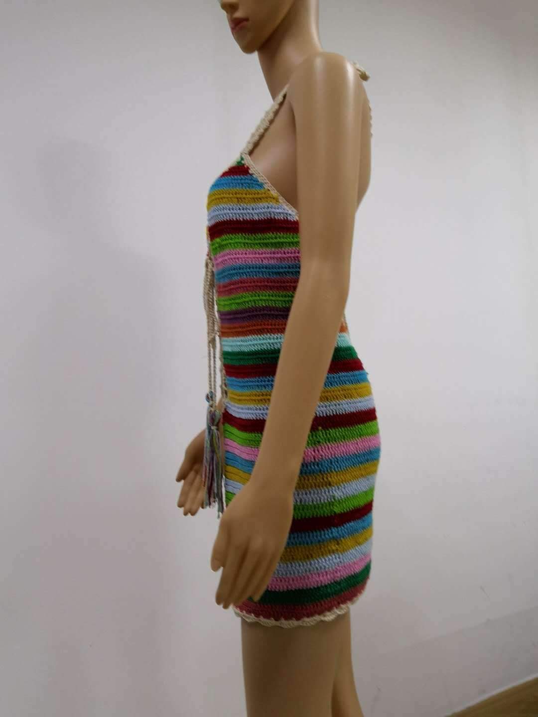 Colorful Striped Halter Knit Sexy Mini Dress