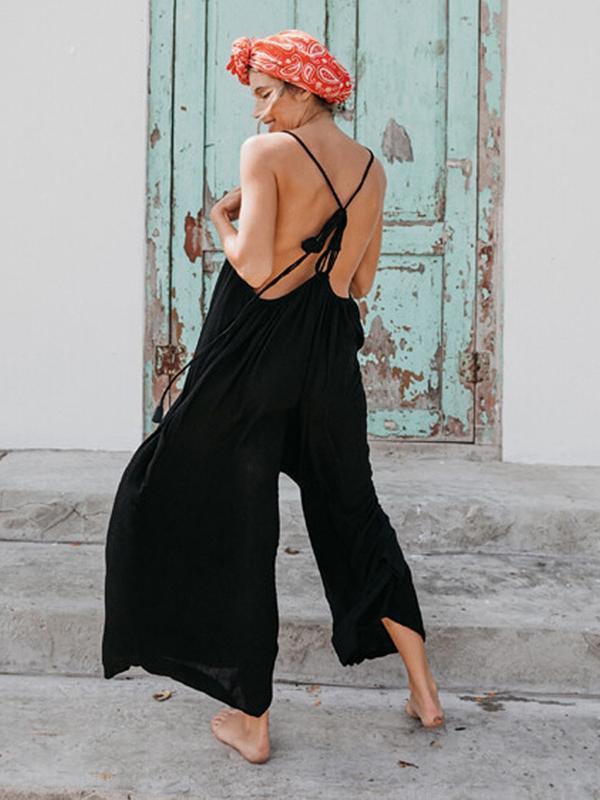 Sleeveless Halter Strap With Solid Color Loose Jumpsuit