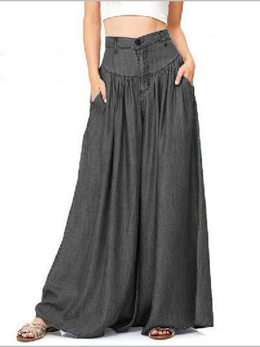 Simple Solid Color Big Hem Wide Leg Bottom Casual Pants