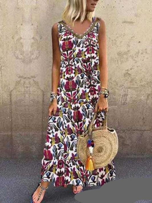 European and American Fashion V-neck Digital Print Long Dress