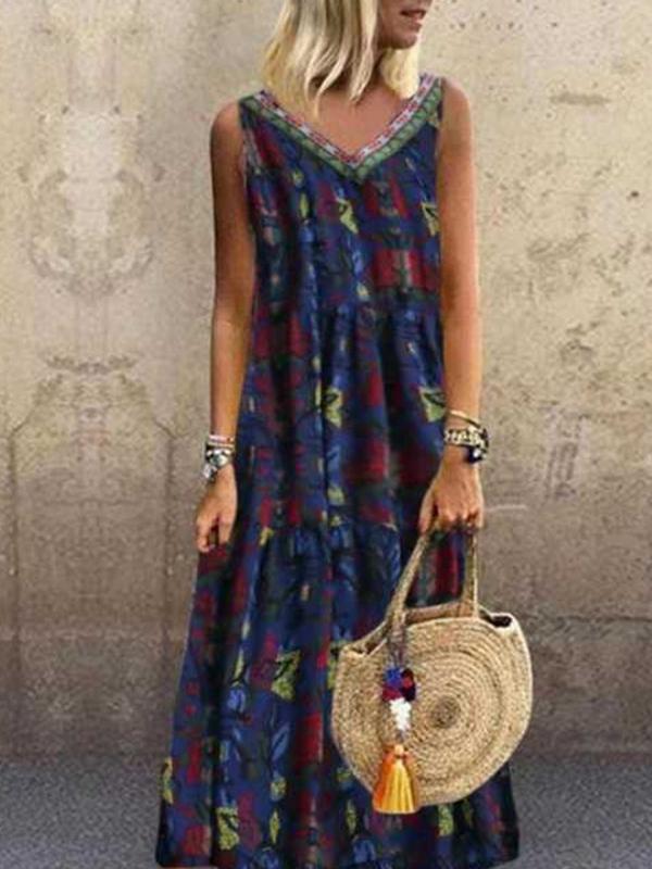 European and American Fashion V-neck Digital Print Long Dress