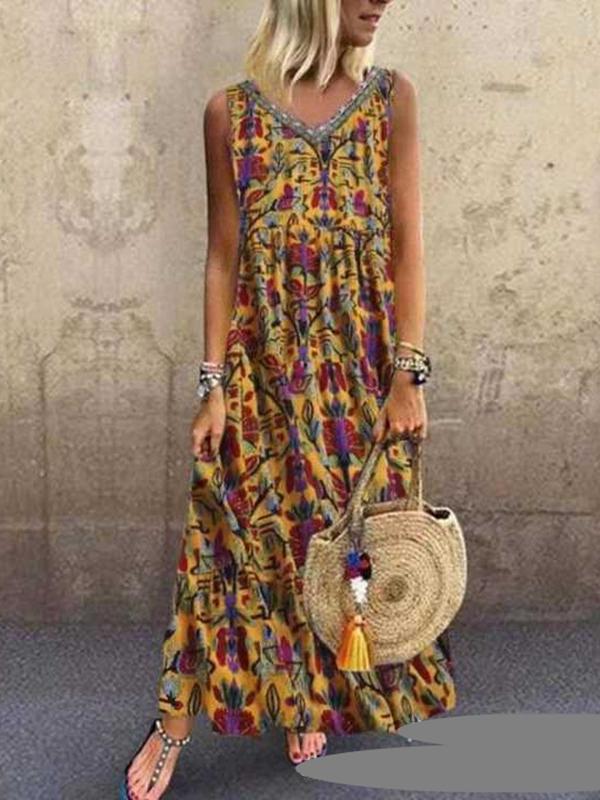 European and American Fashion V-neck Digital Print Long Dress