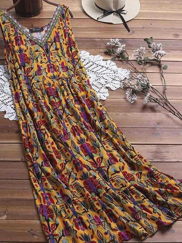 European and American Fashion V-neck Digital Print Long Dress