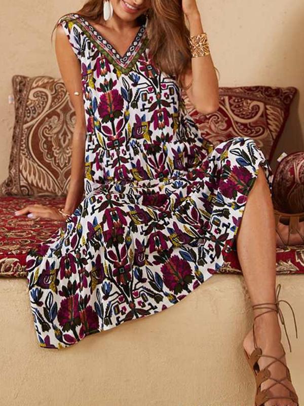 European and American Fashion V-neck Digital Print Long Dress