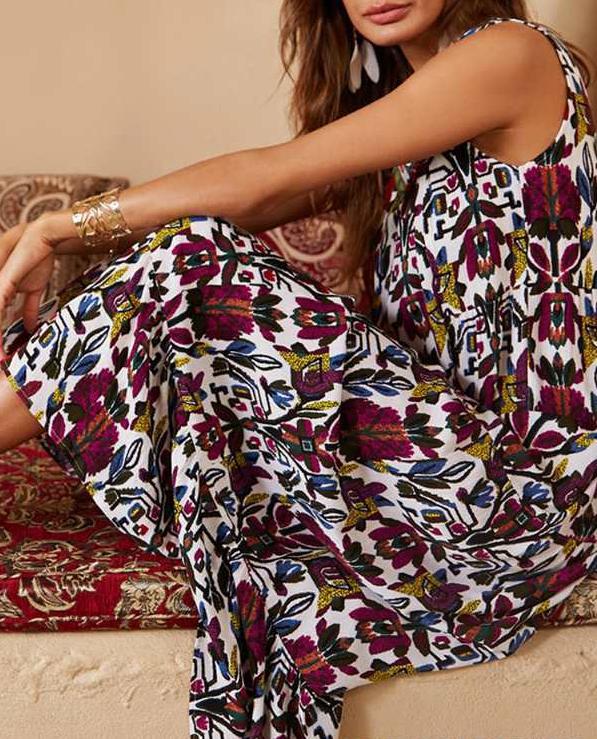 European and American Fashion V-neck Digital Print Long Dress